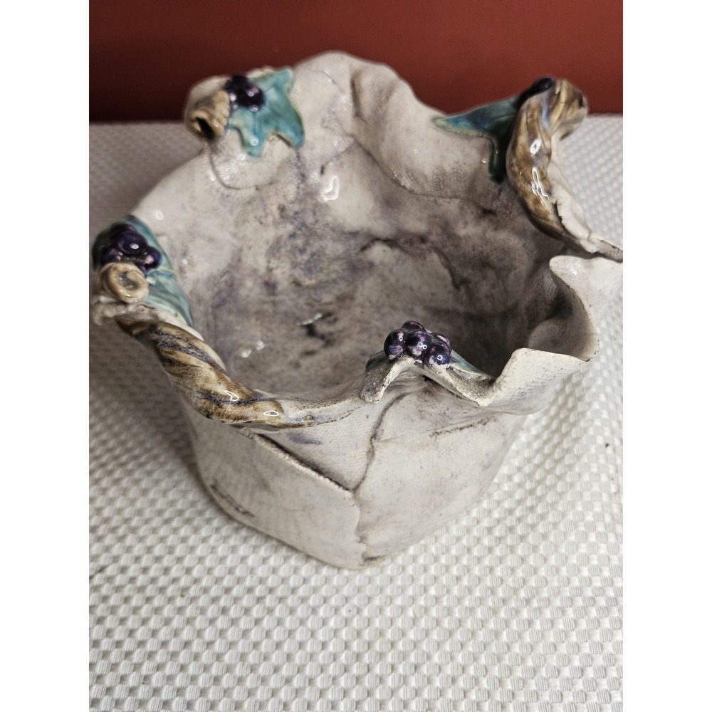 Vint Hand Made Studio Art Pottery Grape Planter Basket Draped Bowl Tuscan Style